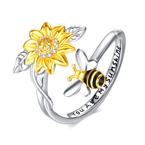 Cuoka Sunflower Ring S925 Sterling Silver Believe Bee You Are My Sunshine Rings Flower Jewelry Gifts for Women with Packing Box