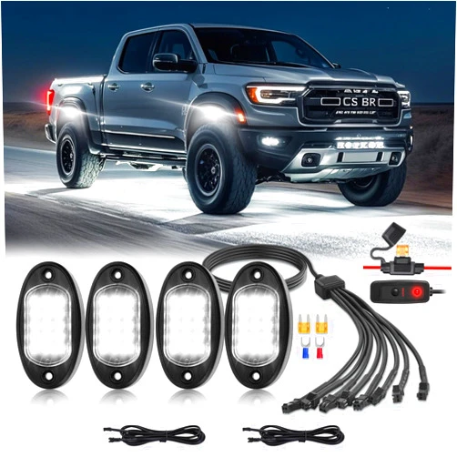 TDE Explorer.Lighting 4 Pods White LED Rock Lights with Switch Extension Harness, 6000K 24 LEDs Pure White Neon Underglow Light for ATV SUV UTV RZR SXS Car Trailer Truck, IP67 Waterproof Under Trail Rig Fender Lighting