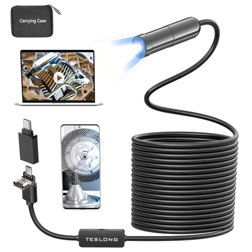 Teslong 5MP Auto-Focus Endoscope, Teslong 3rd Generation USB Borescope with 5.0 Megapixel Inspection Camera, 16.5ft Waterproof Semi-Rigid Cable & Adjustable Led Lights Probe for Android Phone Windows MacBook