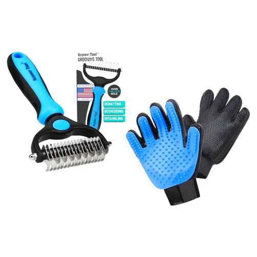Maxpower Planet Hair Brush & Grooming Gloves for Dogs and Cats - Blue