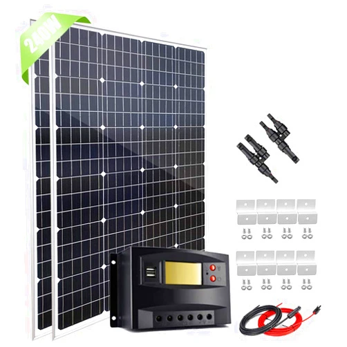 Giosolar 200W Monocrystalline Solar Panel Off Grid Kit for Camper Van - 2pcs 120 Watt Solar Panel + 20A LCD Charge Controller + Connector + Extension Solar Cable + Z Mount Brackets