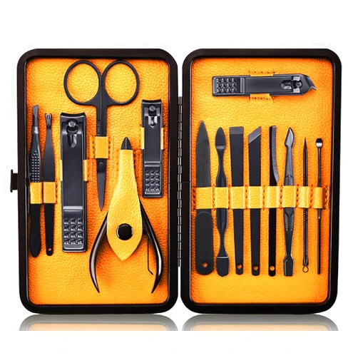 Keiby Citom Professional Stainless Steel Nail Clipper Travel & Grooming Kit Nail Tools Manicure & Pedicure Set of 15pcs with Luxurious Case (Black/Yellow)