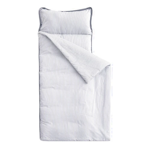 Wake In Cloud - Nap Mat with Removable Pillow for Kids Toddler Boys Girls Daycare Preschool Kindergarten Sleeping Bag, Gray Grey Stripes Printed on White, 100% Cotton with Microfiber Fill