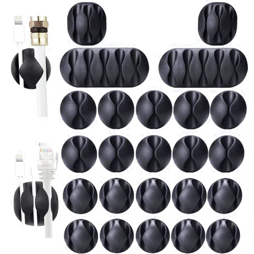OHill Desk Cable Management Cord Organizer, 24 Pack Black Self Adhesive Cord Holder Cable Clips, Ideal Cable Organizer Wire Keeper for Desk, Nightstand, Phone Charger, Computer, Home, Office, Car
