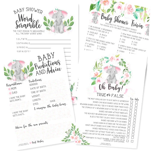 Hadley Designs Baby Shower Games for Girls – 50 Double-Sided Cards for 25 Guests, 4 Fun Games, Baby Predictions, Trivia, True or False, Word Scramble (Pink Elephant)