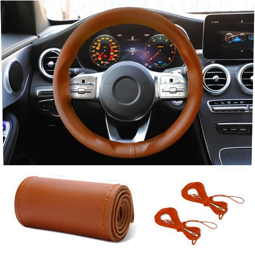 HEVLE Leather Steering Wheel Cover Lace Up, Stitch On Wrap, Breathable Anti-Slip Car Steering Wheel Protector Universal Fit Max 15 Inch Car Wheels, DIY Sewing with Needle Thread (Brown, Glossy)