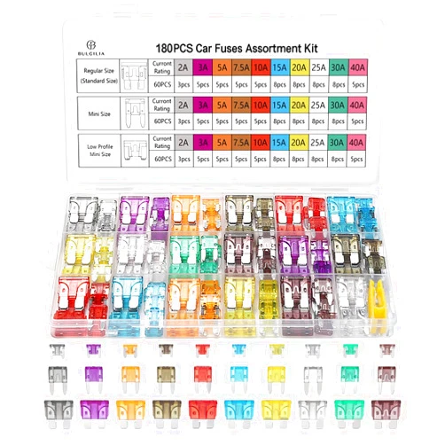 BULGILIA 180Pcs Car Fuses Assortment Kit, Blade Automotive Fuses, Standard & Mini & Low Profile Mini Size (2A 3A 5A 7.5A 10A 15A 20A 25A 30A 40A), Replacement Fuses for Auto RV Truck Motorcycle Boat