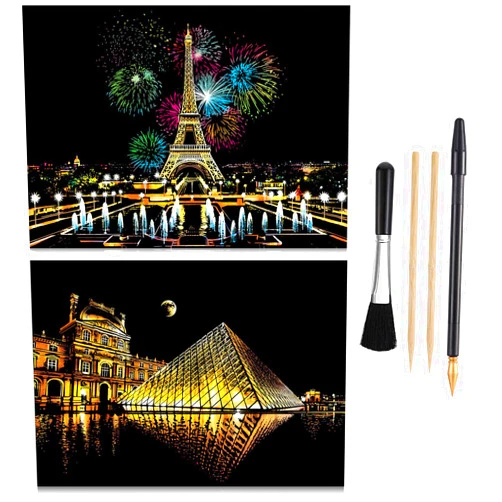 MIASTAR Scratch Paper Rainbow Painting Sketch Pads DIY Art Craft Night View Scratchboard for Adults and Teens - Scratch Painting Creative Gift - 2 Packs & Pen, Clean Brush, 16” x 11.2” (Paris/Louvre)