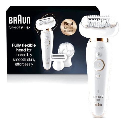 Braun Epilator Silk-épil 9 9-030 with Flexible Head, Facial Hair Removal for Women and Men, Hair Removal Device, Shaver & Trimmer, Cordless, Rechargeable, Wet & Dry, Beauty Kit with Body Massage Pad