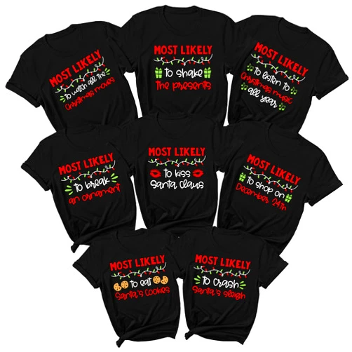 HHOD Matching Family Christmas Shirts Most Likely to Superlative Tee, Funny Pajamas Holiday Outfit Friends T-Shirt Multicolor