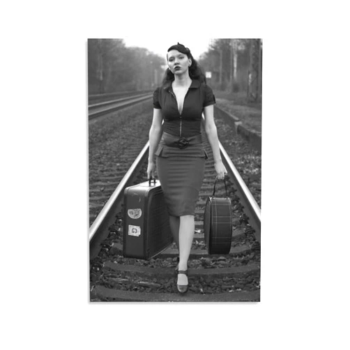 Huangli Art Posters Woman Walking with A Suitcase Vintage Posters Poster Decorative Painting Canvas Wall Art Living Room Posters Bedroom Painting 12x18inch(30x45cm)