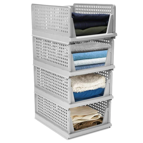 Hossejoy Set of 4 Stackable Storage Bins, Foldable Closet Organizers and Storage, Plastic Clothes Drawer Organizer Bins, Perfect for Wardrobe, Kitchen, Office, Bedroom & Bathrooms(Grey)