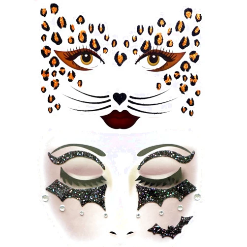 XIANZHONG Leopard Face Art Stickers Bat Gems Adhesive Glitter Animals Stage Makeup Face Sparkling Party Face Sticker 2PCS