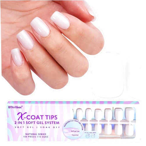 btartboxnails XS Short Square Gel Nail Tips - Pre Colored Milky White Soft Gel Nail Tips, Milky White Press on Nails, Natural XCOATTIPS Pre Applied Tip Primer