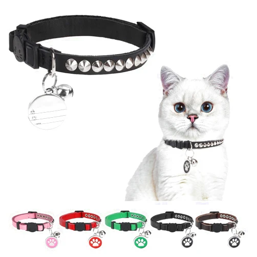 DILLYBUD Leather Personalized Breakaway Cat Collar with Studded Bell and Safety Quick Release Buckle - Rivets Studded ID DIY Collars for Boy Girl Cats Kittens, 9