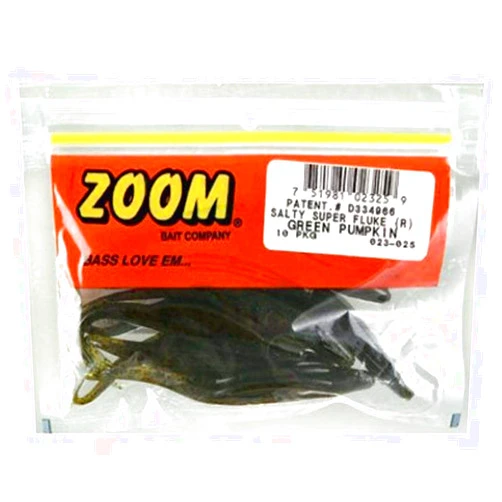 Zoom Bait Salty Super Fluke Bait-Pack of 10 (Green Pumpkin, 5-Inch)