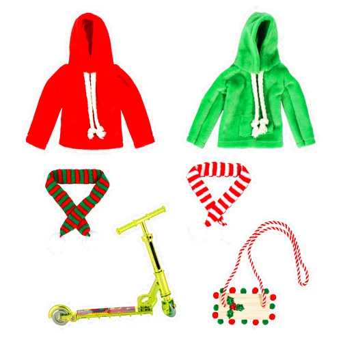 WanBigVa 6Pcs Christmas Elf Doll Accessories Set for Boys and Girls Elf Clothes Outfit with Sweatshirt,Scarves,Wooden Swing, Novelty Fun Christmas Elf Accessory for Kids Doll Xmas Decorations