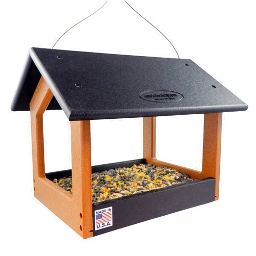 DutchCrafters Amish USA Made Recycled Plastic Large Hanging Modern Fly Through Covered Roof Open Platform Tray Bird Feeder for Outdoors, Garden, Yard (Black & Bright Cedar)