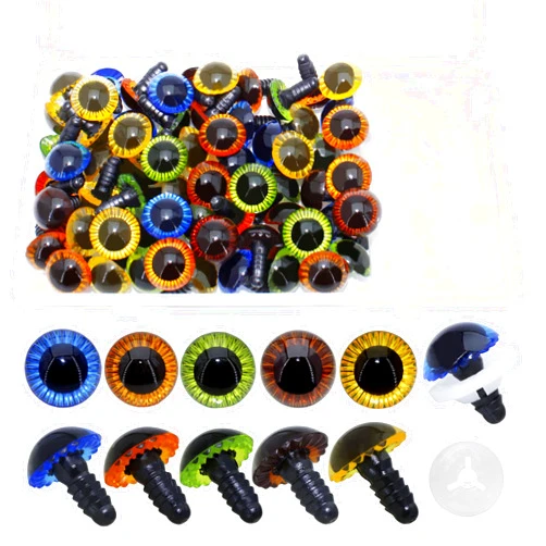 BESTCYC 1Box(100Pcs) 15mm Plastic Safety Eyes 5Colors Stuffed Animal Eyes Craft Eyes with Washers for DIY Amigurumi Stuffed Animal, Toy, Doll DIY Making Supplies (Blue/Green/Brown/Yellow/Orange)