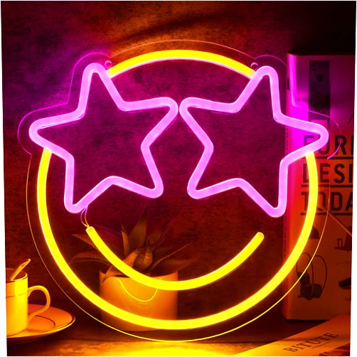 Wootfairy Smile Face Neon Sign, Wootfairy Led Neon Signs for Wall Decor, Dimmable Neon Light for Bedroom, Gaming Room, Kids Room, Bar Decoration, Yellow and Pink Light Up Signs for Wedding Birthday Party