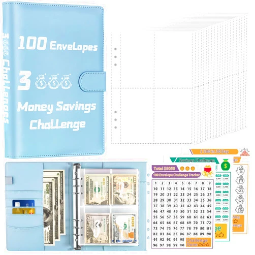 SIBEITU 100 Envelopes Money Saving Challenge, 100 Envelopes Savings Challenges Book with 3 Ways Challenge Tracker, Savings Binder Save $5050 in Funny Motivating Action for Family, Office, Blue