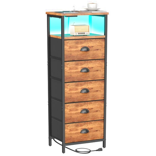 sthmec Nightstand with Charging Station,LED Night Stand with 5 Fabric Drawers, Bedside End Tables, 2-Tier Open Storage Shelf Side Table Nightstands with Drawers for Bedroom,Rustic Brown