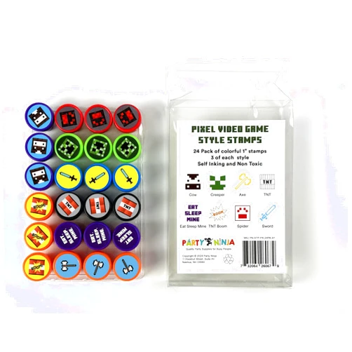 Party Ninja Pixel Miner Crafting Party Favor Stamps for Kids - 24 Assorted Self-Inking Stamps for Party Favors, Goodie Bags, Birthday Party Supplies, Teacher Prizes, Classroom Rewards