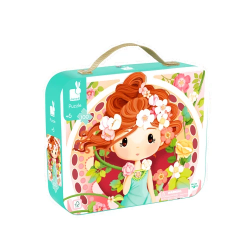 Janod 100 Piece Children’s Jigsaw Puzzle Inspired by Mucha - Giftable Carrying Case with Fabric Handle - Classic Art Collection - Ages 6-10 Years - J02529
