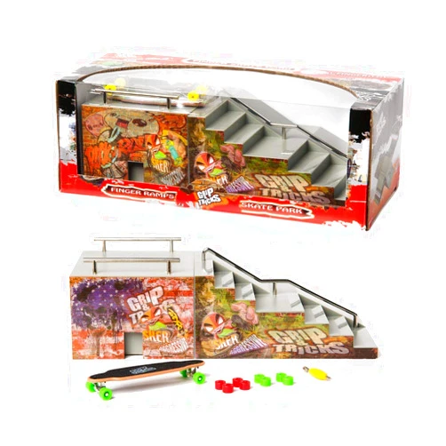 SPIRITRIDERS GRIP TRICKS Grip and Tricks - Funbox Fingerboard Park (Stairs Fingerboard Rails) with 1 Finger Skate 8 Extra Mini Fingerboards Wheels and 1 Mini Skateboard Tool - Finger Toy Set 11”x4.5”x4” for 6+ Years Old Kid