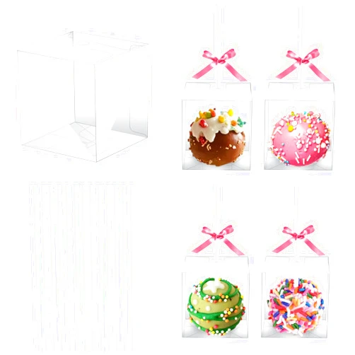 MGWOTH 50 Set Cake Pop Boxes with Paper Sticks Kit: Clear Gift Container with Holes for Candy, Macaron, Lollipop Packaging, Mini Plastic Cakepop Wrapping for Wedding Party Birthday Christmas