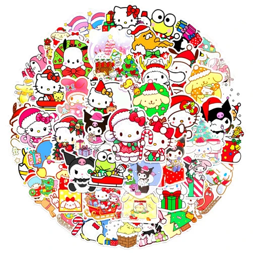 MOQIAN 50pcs Kawaii Sanrio Christmas Stickers for Kids, Cute Anime Hellokitty My Melody Kuromi Waterproof Vinyl Decal for Teen Girl Notebook Laptop, Water Bottle, Guitar, Travel Case, Phone, Bike