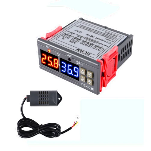 Shutao STC-3028 Temperature Controller 12V Temperature and Humidity Controller Meter with Integrated Sensor Dual Digital Display Thermometer Hygrometer Incubator Controller