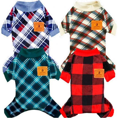 XPUDAC 4 Pack Dog Pajamas for Small Dogs Cats Plaid Dog Clothes Puppy Onesies Dog Christmas Pajamas Puppy Jumpsuits Pet Pjs Shirt Apparel (Medium(7-11 LBS), Red Green Beige Grey