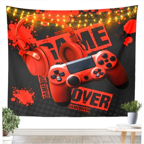 Feelyou Gamer Wall Hanging Boys Teens Red Black Gaming Wall Blanket for Kids Girls Youth Video Game Tapestry 3D Headphone Gamepad Breathable Wall Art Decor for Bedroom Living Room, Room Decor Small 51x59