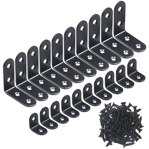 YAMASO 20PCS L Bracket Corner Bracket,Black Small Right Angle Bracket for Wood Furniture Cabinet Chair(10PCS 0.79 Inch+10PCS 1.57 Inch with 60PCS Screws)