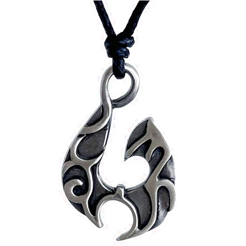 Generic Tribal Jewelry Tattoo Hawaiian Maori Polynesian Hei Matau Fish Hook Silver Pewter Unisex Men's Pendant Necklace Good luck Lucky Charm Protection Safe Travel Across water Amulet w Black Adjustable Cord