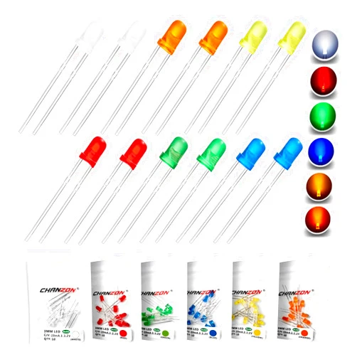 Chanzon 3mm LED Diode Lights Assortment Kit 60 pcs(6 colors x 10 pcs) Pack (Diffused Round Lens DC 3V 20mA) Lighting Bulb Lamp Assorted Variety Color Electronics Components Light Emitting Diodes Parts