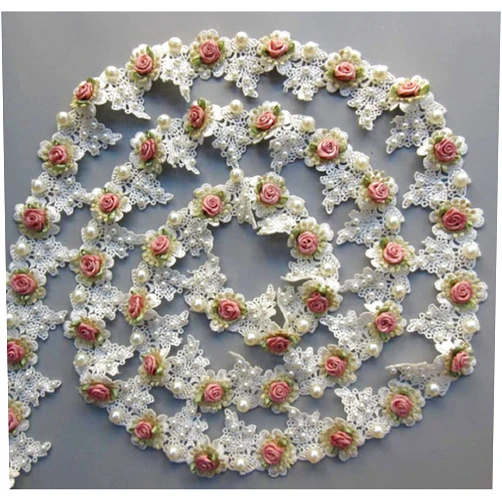 Ruoxian 1 Yard DIY Sewing Supplies Vintage Pearl Rose Flowers Embroidered Lace Trim Fabric Floral Appliques Lace Ribbon Bridal Ornaments Handmade Craft for Costume Hat Decoration (1 Yard Rose)