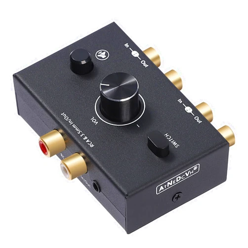 ATNEDCVH RCA 3.5mm Port 1 in 2 Out / 2 in 1 Out Bi-Directional Audio Switcher, 2-Way Stereo L/R Sound Channel Speaker Headphone Audio Switch Selector Splitter Box