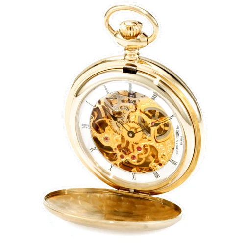 CHARLES-HUBERT PARIS Charles-Hubert, Paris 3906-G Premium Collection Gold-Plated Stainless Steel Satin Finish Hunter Case Mechanical Pocket Watch