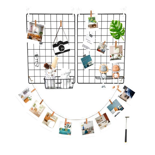 FUNLAX Wire Photo Wall, Set of 2 Wire Wall Grid Panels, Grid Decor Photo Display 15.7 × 11.8 Inches Wall Storage Organizer Hanging Picture with Sticky Hook, Iron Clip, Bamboo Clip, Hemp Cord