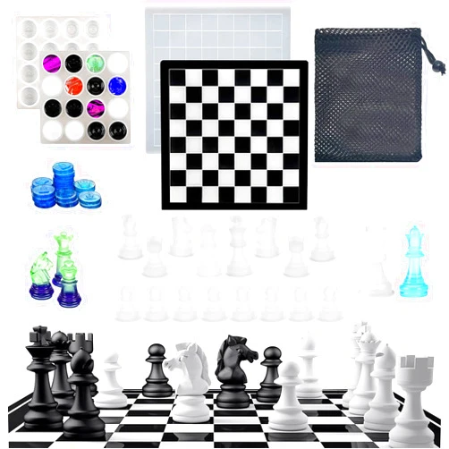 RYBPVC Chess Sets Resin Silicone Mold, Upgrade 3D 16 Pieces Chess Checkers & Board Game Mold for Resin Casting Full Size with Storage Bag, Chess Crystal Epoxy Molds for Kid Adult Family to DIY Art Crafts