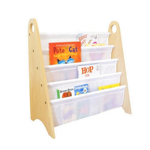 Wildkin Kids Modern Sling Bookshelf for Boys and Girls, Wooden Design Features Two Top Handles and Four Fabric Shelves, Helps Keep Bedrooms, Playrooms, and Classrooms Organized (Natural and White)