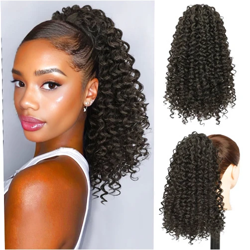 Lommel Drawstring Ponytail for Black Women,14 Inch Ponytail Extension for Black Women Curly Pony Tails Hair Extensions for Girls Afro Kinky Curly Hair Pieces for Daily Use(Brown Black)