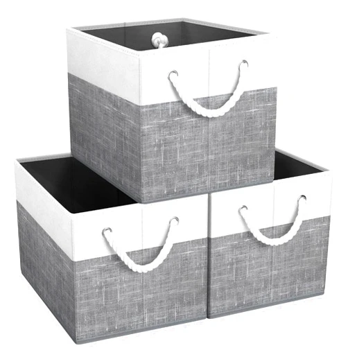 Fab totes Storage Bins [3-Pack], Foldable Storage Baskets for Organizing Toys, Books, Shelves, Closet, Large Storage Box with Rope Handles, Sturdy Organizer Bins, White & Grey