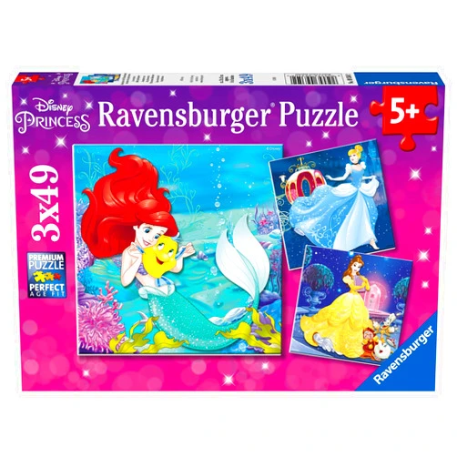 Ravensburger Disney Princesses Puzzle Set | 3 x 49-Piece Jigsaw Puzzles | Unique Piece Design | Fosters Brain Development in Kids | FSC Certified Materials