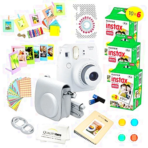 Fujifilm Instax Mini 9 Instant Camera Smokey White w/Fujifilm Instax Mini 9 Instant Films (60 Pack) + A14 Pc Deluxe Bundle for Fujifilm Instax Mini 9 Camera