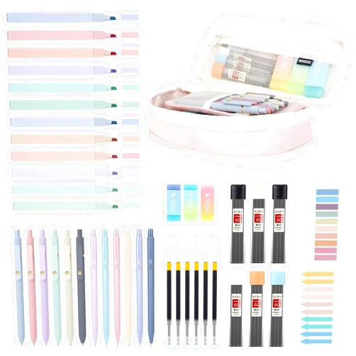 DRMAVI 42PCS Aesthetic School Supplies with Large Pencil Case, 12 Pastel Highlighters,6 Black Ink Gel Pens,6 Cute Mechanical Pencils Set 0.5 & 0.7 mm for Students Stationary College Essentials(Pink)