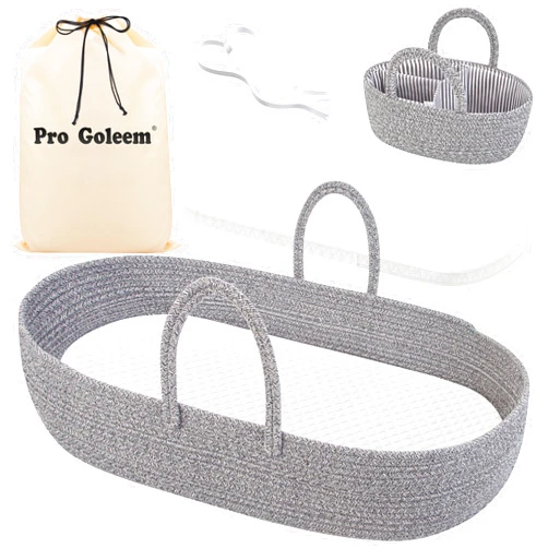 Pro Goleem Baby Diaper Changing Basket, Portable Easy to Clean Moses Basket for Newborn Babies with 1 Foam Pad 2 Waterproof Pad Covers and 1 Diaper Caddy Organizer