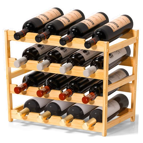 Ruichang Wine Rack Sturdy Wine Countertop,Bamboo Wine Bottle Holder Wine Storage Racks Counter Wine Stand Inserts for Cabinet Free Standing Floor Table Wine Organizer (4-Tier, 16 Bottle Capacity)